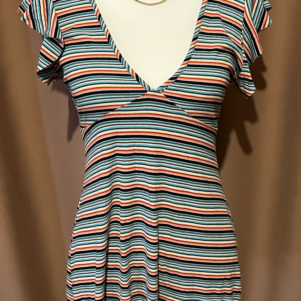 Wild Fable Striped V-Neck Flutter Sleeve Dress - Coral, Teal, Black & White
